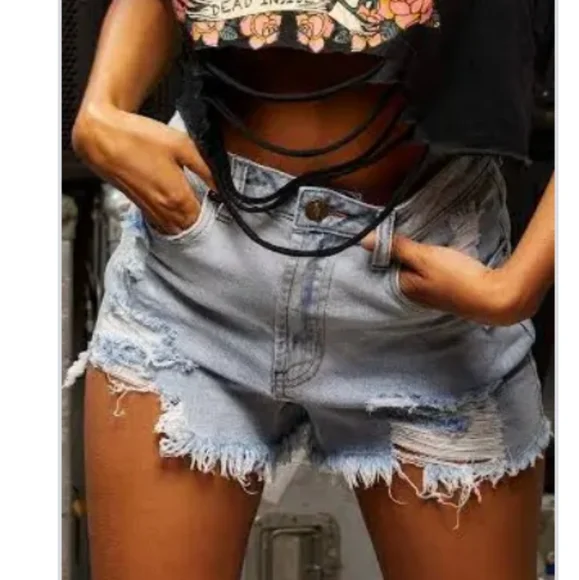 Almost Famous Light Wash Distressed High Rise Festival Shorts - Picture 1 of 9